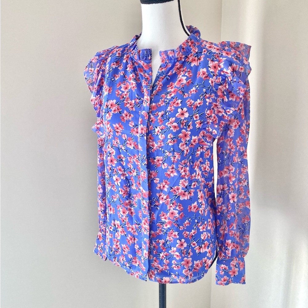 Ann Taylor Cherry Blossom Floral Ruffle Long Sleeve Blouse Size S - Picture 4 of 8